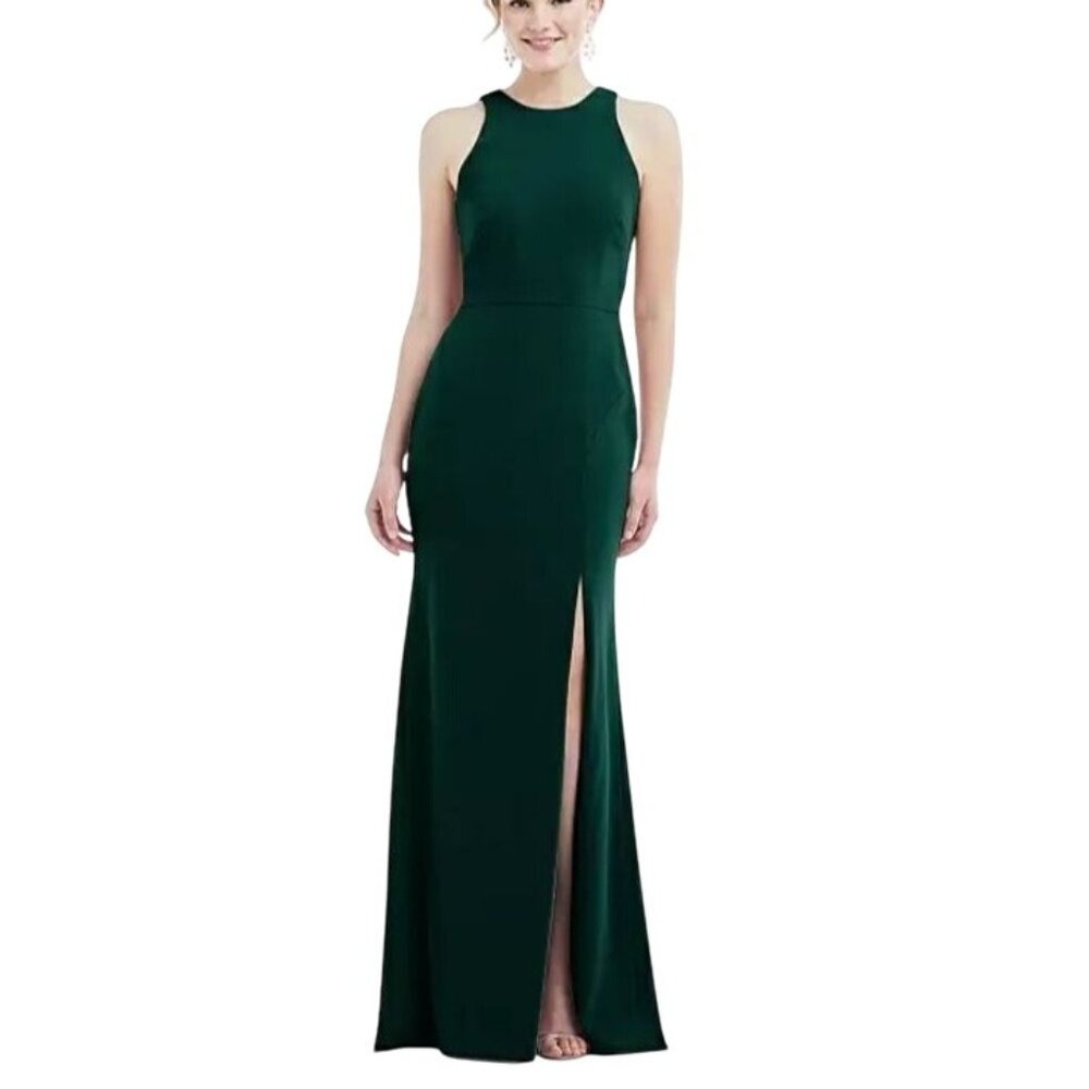 NEW‎ Dessy Collection Cutout Open-Back Halter Maxi Dress Scarf Tie Evergreen 4